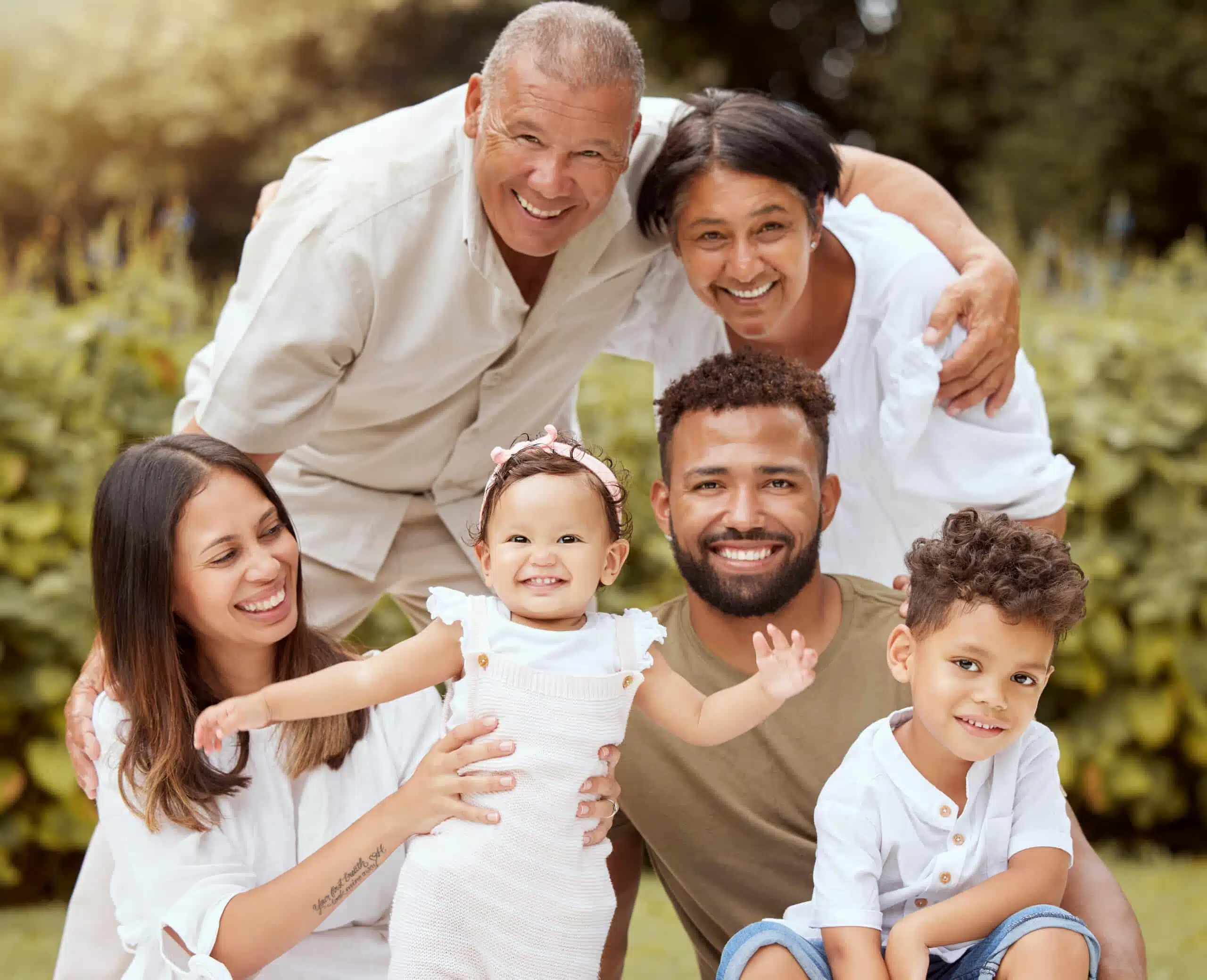 Big family, portrait smile and fun in nature for quality bonding together at the park in the outdoo.