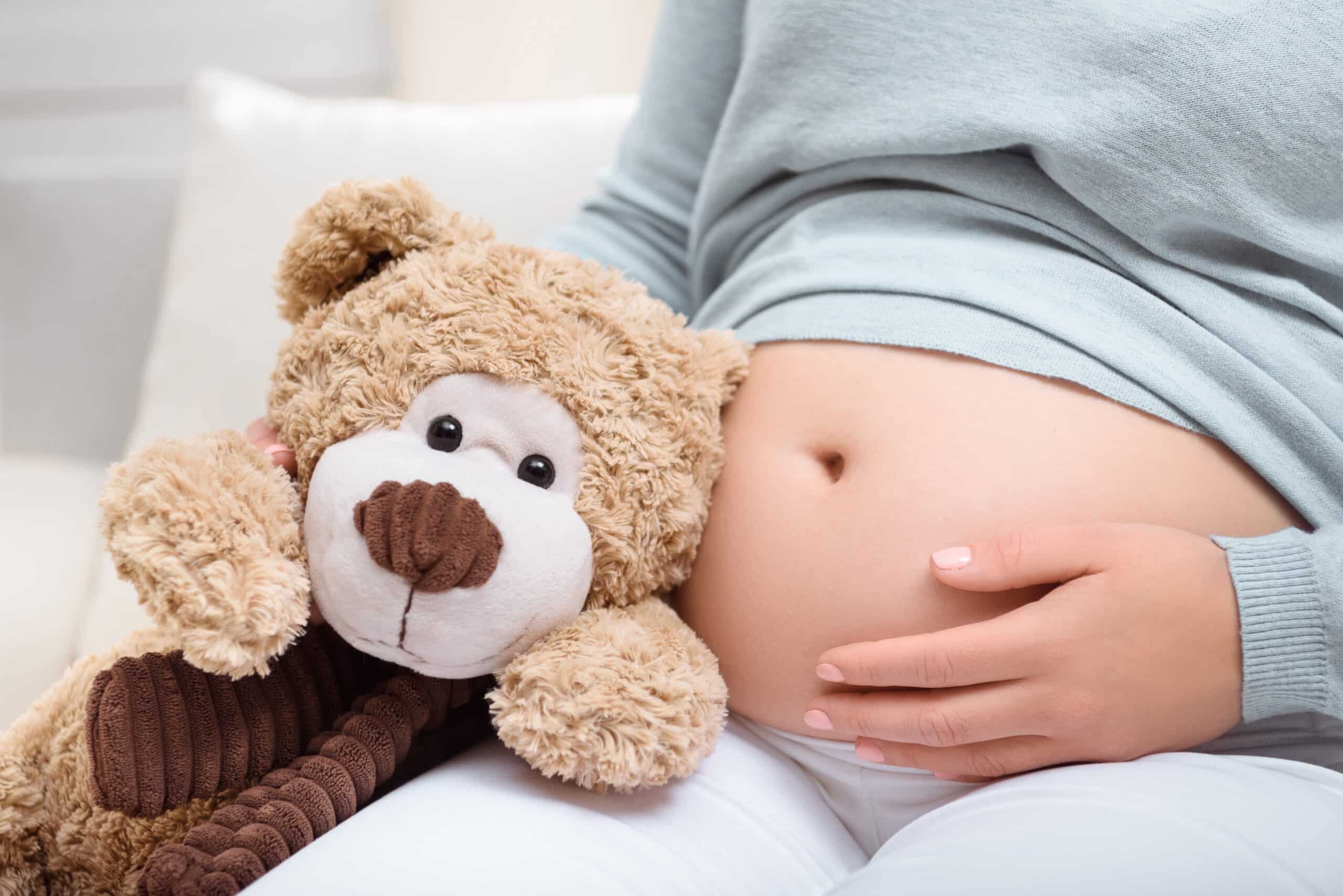 pregnant woman with teddy bear near her belly at home