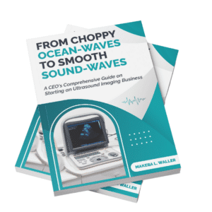3D mockup of a book titled “From Choppy Ocean-Waves to Smooth Sound-Waves” featuring an ultrasound machine on the cover and informational content on the back.
