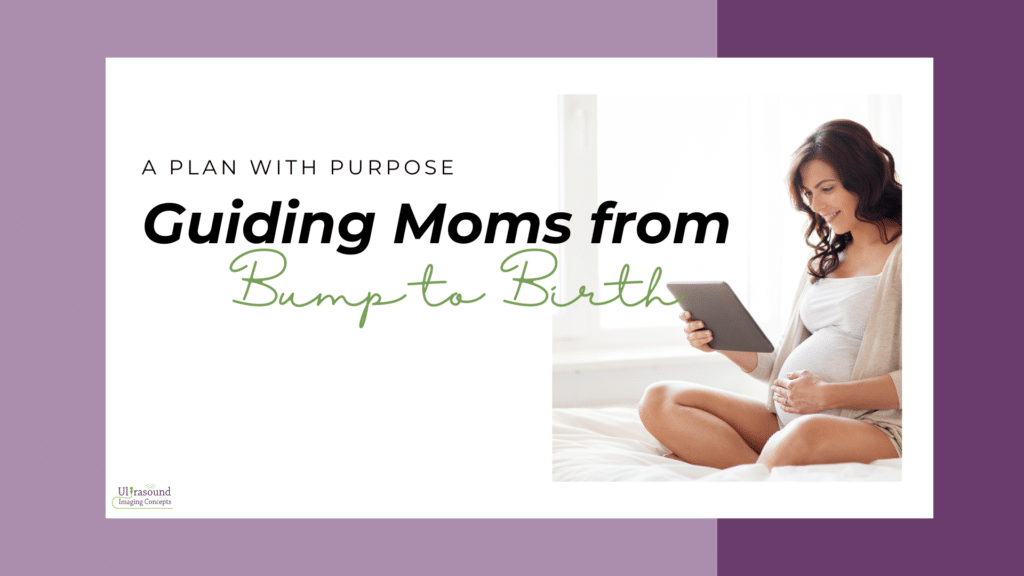 Pregnant woman smiling while reading a tablet with text that reads Guiding Moms from Bump to Birth