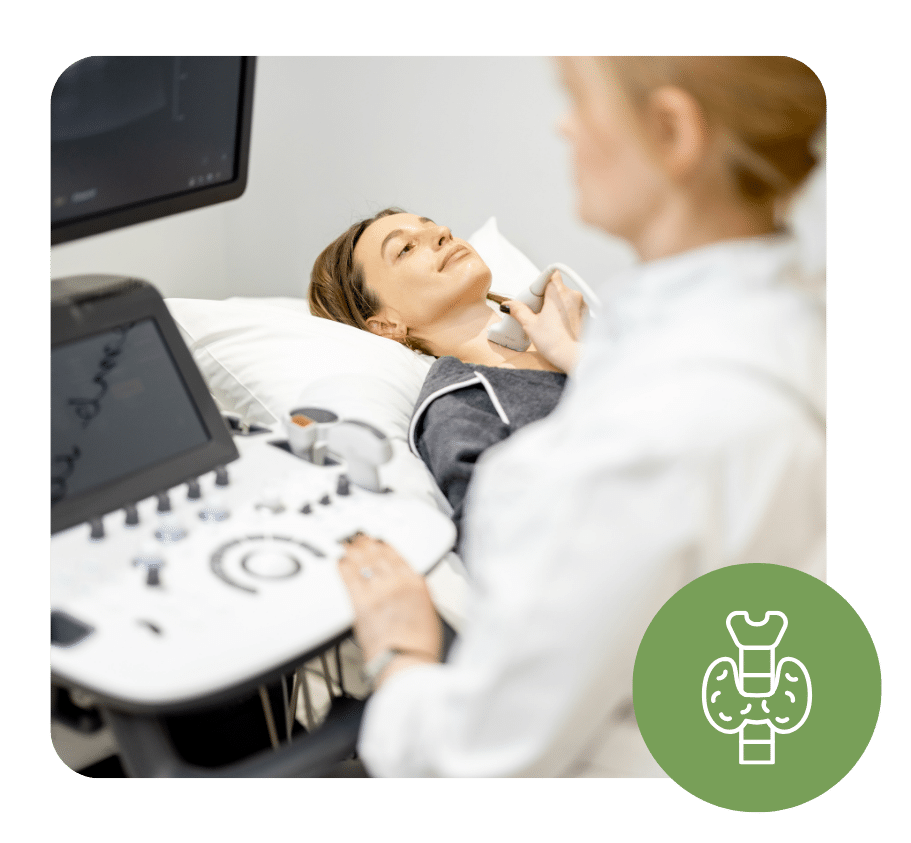 Technician performing a thyroid ultrasound on a relaxed female patient using high-resolution equipment.