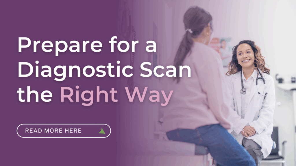 Doctor advising patient on preparing for a diagnostic ultrasound with banner text and call-to-action