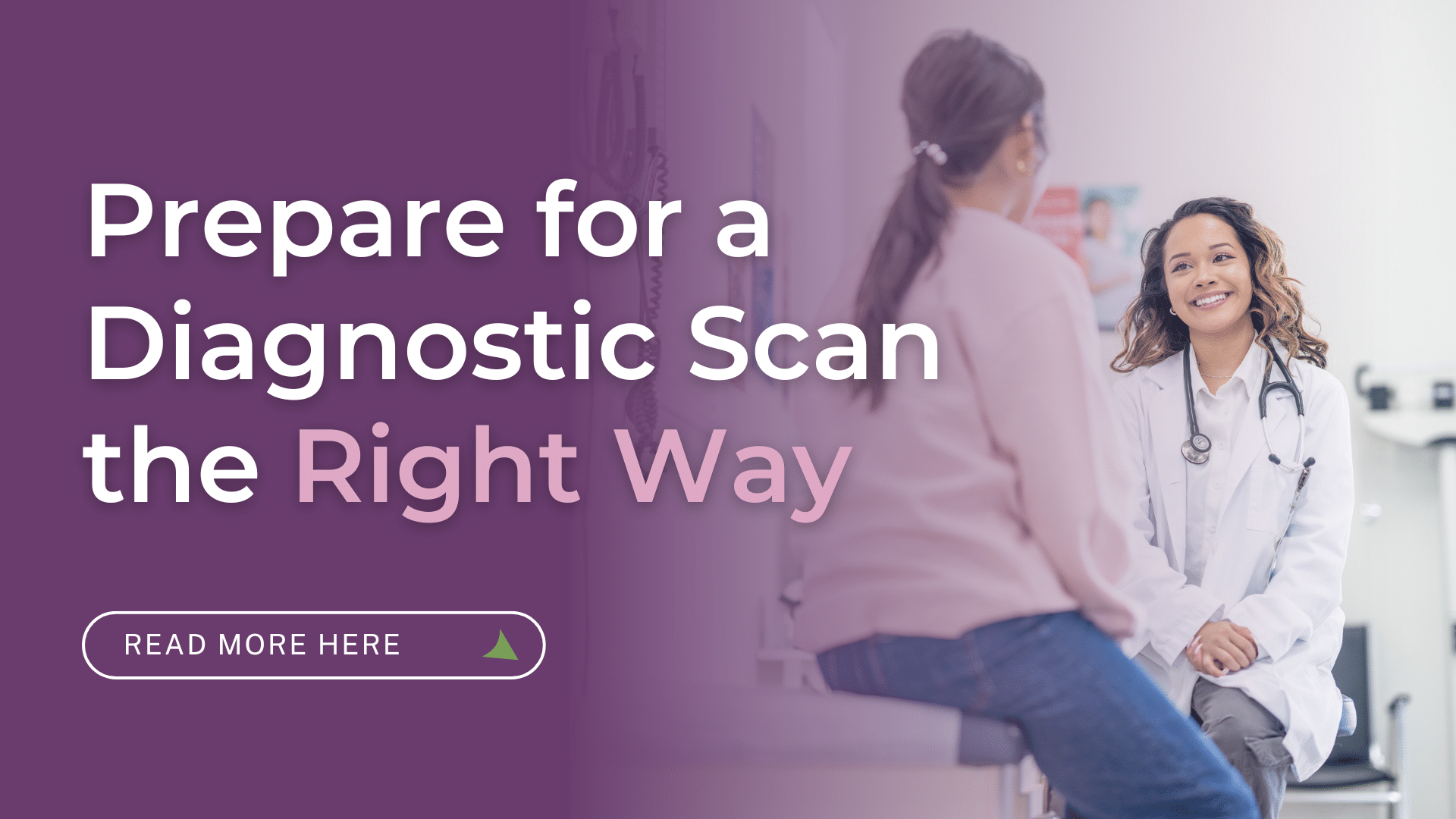 Doctor advising patient on preparing for a diagnostic ultrasound with banner text and call-to-action