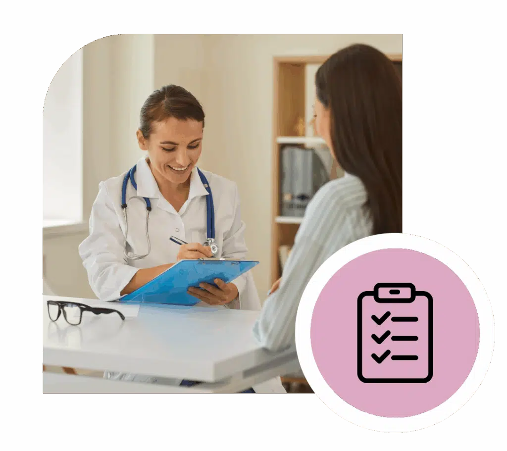 Smiling female doctor completing a checklist during a patient consultation for a diagnostic ultrasound