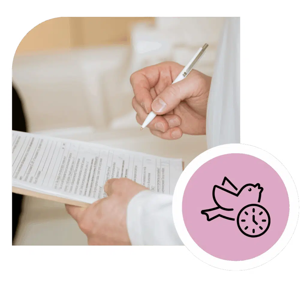 Doctor filling out patient form for a timely diagnostic ultrasound with bird and clock icon overlay