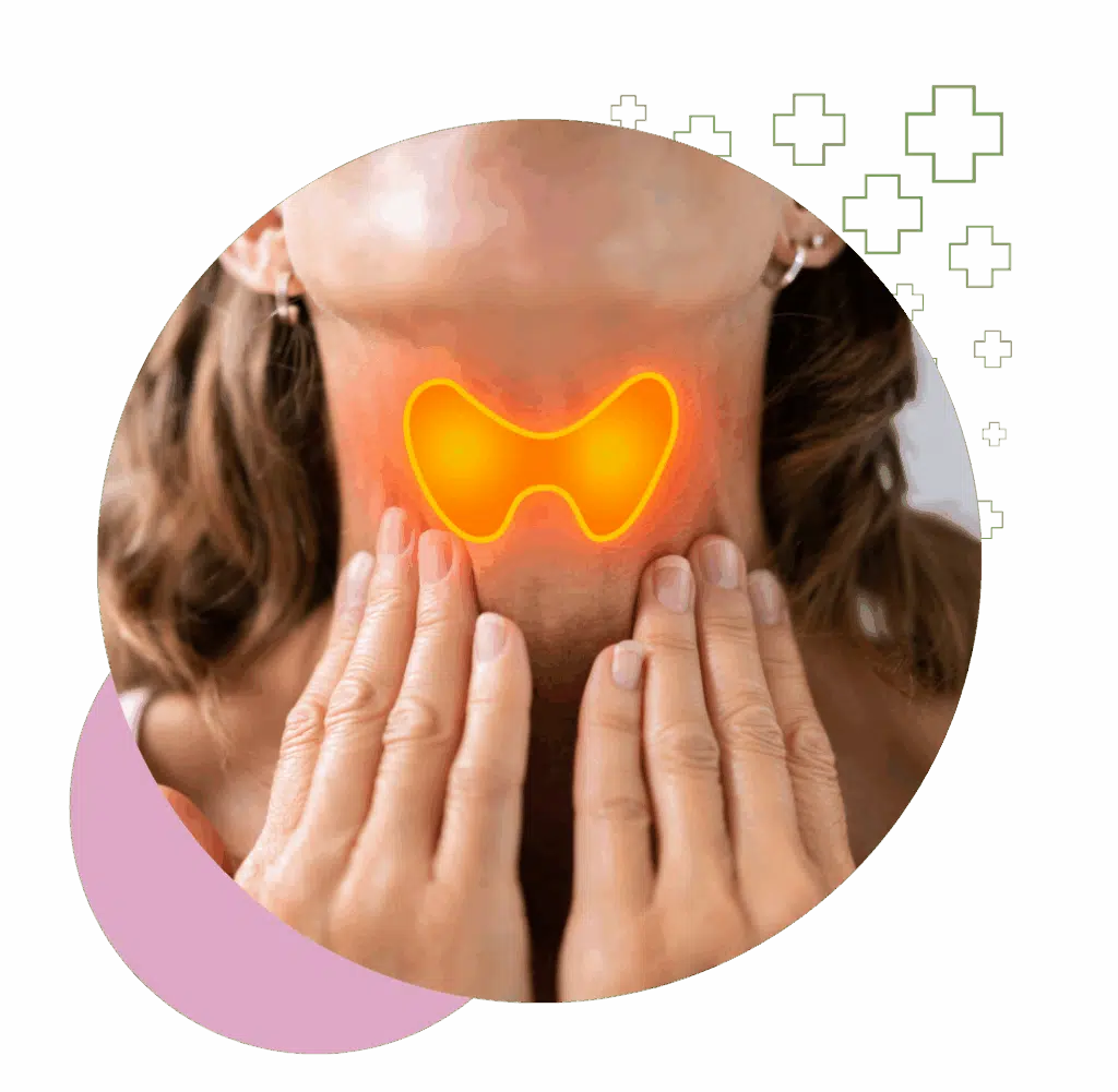 Glowing thyroid gland illustration superimposed on a woman touching her neck to depict thyroid location and issues.