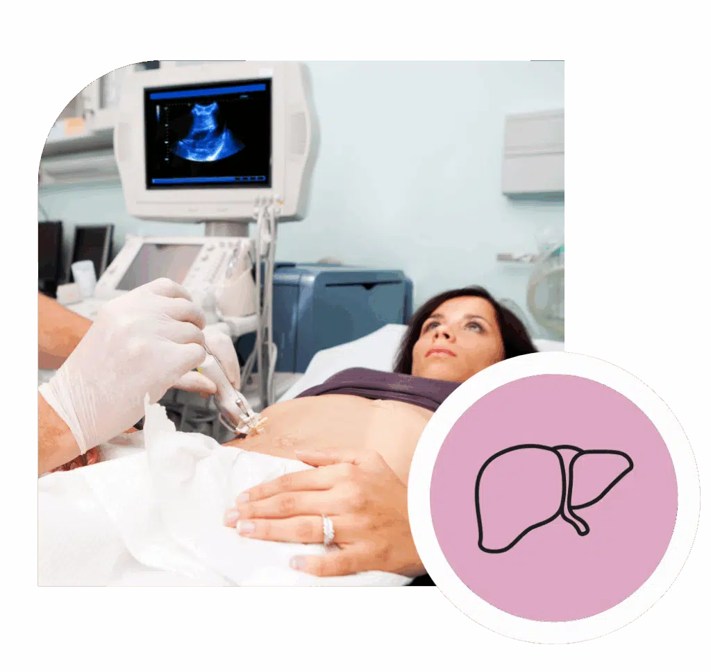 Woman undergoing abdominal diagnostic ultrasound with liver icon overlay