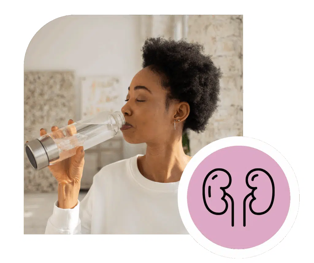 Woman drinking water to prepare for a renal diagnostic ultrasound with kidney icon overlay
