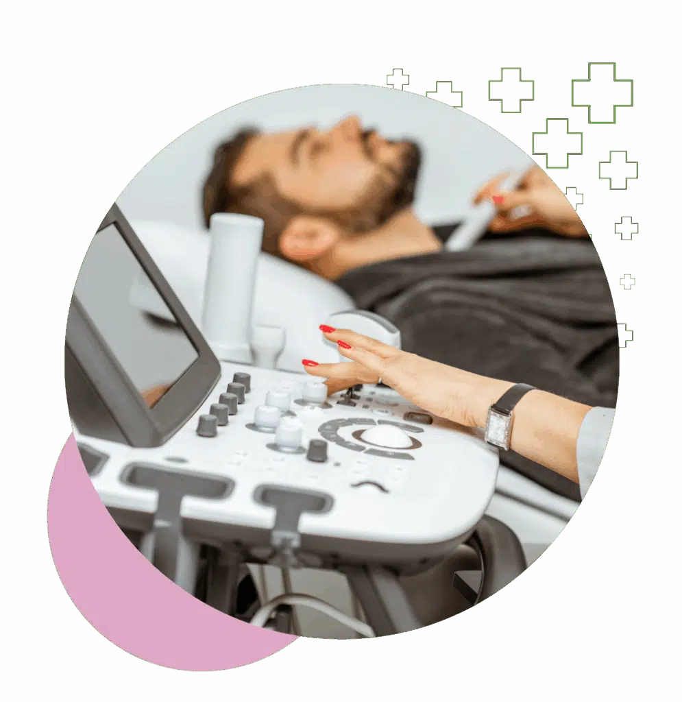 Technician adjusting controls on an ultrasound machine while scanning a male patient's thyroid gland.