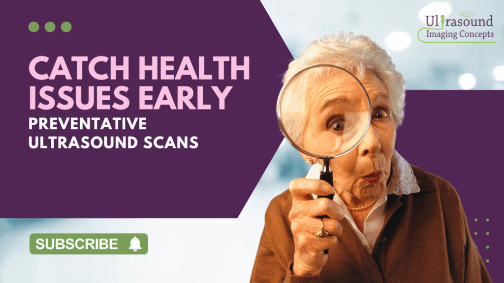 Elderly woman holding magnifying glass promoting preventative ultrasound screening